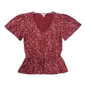 Lucky Brand Top Short Sleeve V Neck Red Paisley Womens S